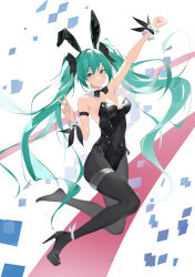 Rule 34 | 1girl, absurdres, animal ears, aqua eyes, aqua hair, aqua nails, arm up, armlet, armpits, backless leotard, bare shoulders, black bow, black bowtie, black leotard, black pantyhose, blush, bow, bowtie, breasts, cleavage, commentary, covered navel, detached collar, fake animal ears, floating, full body, hair between eyes, hand up, hatsune miku, high heels, highleg, highleg leotard, highres, leotard, long hair, looking at viewer, medium breasts, natsuko iman, outstretched arm, pantyhose, playboy bunny, rabbit ears, shoes, sidelocks, single shoe, smile, solo, stiletto heels, strapless, strapless leotard, thigh strap, twintails, v, very long hair, vocaloid, white background, wrist cuffs