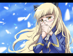 Rule 34 | 00s, 1girl, agahari, animal ears, blonde hair, blush, cat ears, covering face, covering own mouth, covering privates, glasses, long hair, military, military uniform, perrine h. clostermann, sky, solo, strike witches, tears, uniform, world witches series, yellow eyes