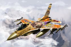 Rule 34 | 00s, 1boy, abubu, aircraft, airplane, cloud, f-16, fighter jet, flying, highres, itasha, jet, kusakabe misao, lucky star, military, military vehicle, missile, pilot, sky, star (symbol), va (phrase), vehicle focus, what