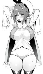 Rule 34 | 1girl, absurdres, armpits, arms behind head, atelier (series), atelier ryza, beret, breasts, commentary request, detached sleeves, enishi96, greyscale, hair ornament, hairband, hairclip, hat, highres, jewelry, large breasts, looking at viewer, monochrome, navel, necklace, open mouth, panties, reisalin stout, shirt, short hair, simple background, sleeveless, sleeveless jacket, sleeveless shirt, smile, solo, star (symbol), star necklace, sweat, thighhighs, thighs, underwear, white background
