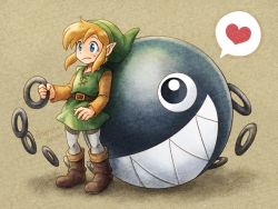 Rule 34 | 1boy, 1other, blonde hair, blue eyes, bow wow (zelda), brown footwear, commentary request, fangs, fantasy, frown, green headwear, heart, holding, holding weapon, humanization, link, long sleeves, looking at another, male focus, nintendo, personification, pointy ears, sayoyonsayoyo, simple background, smile, speech bubble, spoken object, sweatdrop, the legend of zelda, the legend of zelda: link&#039;s awakening, touching another&#039;s back, tunic, weapon