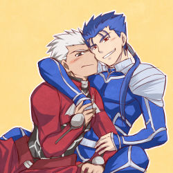 Rule 34 | 2boys, archer (fate), bad id, bad pixiv id, blue hair, blush, bodysuit, coat, cu chulainn (fate), fate/stay night, fate (series), frown, grey eyes, grin, koraku gekki, cu chulainn (fate/stay night), long hair, male focus, multiple boys, ponytail, red eyes, smile, white hair, yellow background