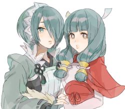 Rule 34 | 2girls, alternate hair color, blue eyes, blue hair, blunt bangs, fingerless gloves, fire emblem, fire emblem fates, gloves, hair over one eye, holding hands, long hair, low twintails, mitama (fire emblem), mother and daughter, multiple girls, nintendo, parted lips, setsuna (fire emblem), shourou kanna, star-shaped pupils, star (symbol), symbol-shaped pupils, twintails, white background