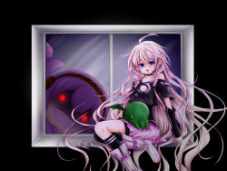Rule 34 | 1girl, :d, against glass, ahoge, arm support, blue eyes, boots, braid, chibi, cthulhu, cthulhu mythos, glowing, glowing eyes, headphones, ia (vocaloid), kneehighs, long hair, looking at viewer, mannaka cube, megurine luka, monster, off shoulder, open mouth, pink hair, pun, shaded face, silver hair, sitting, skirt, smile, socks, takoluka, tentacles, twin braids, very long hair, vocaloid, window, windowsill, wings, wrist cuffs