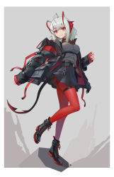 Rule 34 | 1girl, ahoge, antennae, arknights, black choker, black footwear, black jacket, black skirt, boots, border, chinese commentary, choker, commentary request, full body, grey background, grey shirt, grin, highres, horns, jacket, long sleeves, looking at viewer, miniskirt, open clothes, open jacket, pantyhose, pleated skirt, red eyes, red pantyhose, shirt, short hair, silver hair, sima naoteng, skirt, smile, solo, tail, thigh strap, thighs, w (arknights), white border, wing collar