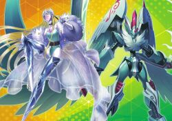Rule 34 | 1boy, 1girl, aqua leotard, armor, bare shoulders, bird, blonde hair, boots, breasts, cendrillmon, commentary request, covered eyes, digimon, digimon card game, digimon liberator, dual wielding, feathered wings, floral print, full body, gloves, green armor, green background, half gloves, helmet, helmet over eyes, highleg, highres, holding, holding sword, holding weapon, horns, knight, long hair, mechanical wings, multicolored background, nakano haito, off shoulder, official art, orange background, print headwear, print leotard, sasasi, second-party source, single horn, small breasts, smile, star (symbol), sword, thigh boots, weapon, wings, zephagamon