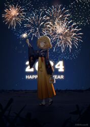 Rule 34 | 1girl, 2024, blonde hair, firecrackers, fireworks, full body, happy new year, highres, hololive, hololive english, japanese clothes, koi, looking at viewer, mittsu, new year, night, night sky, sandals, short hair, sky, smile, solo, virtual youtuber, watson amelia