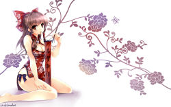 Rule 34 | 1girl, alternate costume, banner, bare legs, barefoot, bow, breasts, brown eyes, brown hair, calligraphy brush, china dress, chinese clothes, cleavage, cleavage cutout, clothing cutout, dress, female focus, floral background, flower, hair bow, hair tubes, hakurei reimu, hand on thigh, holding, legs, looking at viewer, mouth hold, new year, paintbrush, patterned, ribbon, rose, signature, sitting, sleeveless, smile, solo, string, touhou, wariza, windforcelan