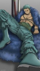 Rule 34 | 1boy, abs, bare pectorals, dark-skinned male, dark skin, feather boa, foreshortening, green hair, green pants, highres, knee up, large pectorals, male focus, muscular, muscular male, nipples, one piece, pants, pectorals, pinattsu, roronoa zoro, scar, scar across eye, scar on chest, scar on face, sheath, sheathed, short hair, sitting, solo, spread legs, stomach