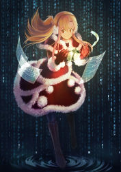 Rule 34 | 10s, 1girl, asuna (sao), boots, brown eyes, brown hair, christmas, dress, earmuffs, floating screen, gloves, highres, long hair, pantyhose, red gloves, santa costume, smile, solo, sword art online, tienao