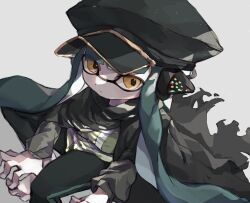 Rule 34 | 1girl, agent 3 (splatoon), black cape, black hat, cape, closed mouth, commentary request, green hair, hat, headphones, highres, inkling, inkling girl, inkling player character, long hair, military hat, nintendo, simple background, sitting, solo, splatoon (series), tentacle hair, torn cape, torn clothes, white background, yellow eyes, yksb inc6