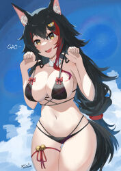 Rule 34 | 1girl, absurdres, animal ear fluff, animal ears, bikini, black bikini, black hair, blue sky, bone hair ornament, breasts, cleavage, cloud, hair ornament, highres, hololive, large breasts, looking at viewer, medium breasts, multicolored hair, navel, ookami mio, red hair, sky, stomach, streaked hair, swimsuit, tail, thighlet, thighs, vanillafox2035, virtual youtuber, water, wolf ears, wolf girl, wolf tail, yellow eyes