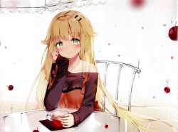 Rule 34 | 1girl, absurdres, aurora (azur lane), azur lane, bare shoulders, blonde hair, blush, breasts, chair, cherry, closed mouth, collarbone, cup, fingernails, food, fruit, gradient background, green eyes, hair ornament, hairclip, head rest, highres, lips, long sleeves, looking at viewer, maya g, medium breasts, off shoulder, scan, shiny skin, simple background, sitting, sleeves past wrists, smile, solo, steam, table, teacup