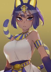 Rule 34 | 1girl, absurdres, animal crossing, animal ears, ankha (animal crossing), backlighting, bare shoulders, blue eyes, blue hair, breasts, cat ears, cat girl, cat tail, chami, dark-skinned female, dark skin, dress, egyptian clothes, egyptian necklace, eye of horus, facial tattoo, gradient background, highres, large breasts, looking away, makeup, nintendo, open mouth, parted lips, personification, short hair, simple background, solo, striped tail, tail, tattoo, teeth, usekh collar, white dress, yellow background
