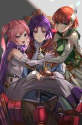 Rule 34 | 1boy, 2girls, bags under eyes, bare shoulders, chil0107, dress, elbow gloves, erk (fire emblem), fang, fingerless gloves, fire emblem, fire emblem: the blazing blade, gloves, green eyes, highres, long dress, long hair, multiple girls, nintendo, pink eyes, pink hair, priscilla (fire emblem), purple eyes, purple hair, red hair, serra (fire emblem), short hair, sitting, sitting on person, twintails, white dress, white gloves, wing hair ornament