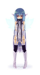 Rule 34 | 1girl, absurdres, alternate hairstyle, black panties, blue eyes, blue hair, blush, boots, breasts, chain, collar, elbow gloves, female focus, full body, fumihiro, gloves, hair down, head wings, highres, long hair, looking at viewer, matching hair/eyes, no panties, nymph (sora no otoshimono), panties, see-through, sex toy, silhouette, simple background, small breasts, solo, sora no otoshimono, standing, thighhighs, twintails, underwear, very long hair, vibrator, vibrator under clothes, wet, wet clothes, white footwear, white gloves, wings
