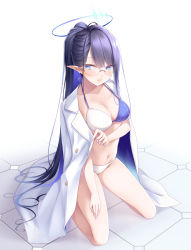 Rule 34 | 1girl, bikini, bikini under clothes, blue archive, blue eyes, blush, breasts, cleavage, closed mouth, collarbone, earrings, full body, glasses, highres, jewelry, kneeling, large breasts, long hair, looking at viewer, midorino eni, navel, open clothes, open shirt, pointy ears, ponytail, purple hair, rin (blue archive), shadow, shirt, solo, string bikini, swimsuit, swimsuit under clothes, tile floor, tiles, very long hair, white shirt