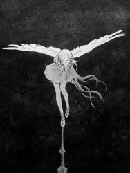 Rule 34 | 1girl, arms behind back, bent over, breasts, dress, feathered wings, floating hair, greyscale, heart, highres, long hair, looking at viewer, monochrome, night, night sky, on top of pole, original, outdoors, renemesia, shoes, sky, smile, solo, standing, standing on one leg, star (sky), starry sky, thighhighs, very long hair, wings