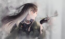 Rule 34 | 1girl, absurdres, artist name, black gloves, black hair, blue eyes, blunt bangs, capelet, choker, commentary, english commentary, gloves, gothic lolita, green capelet, green sleeves, grey hair, highres, holding, holding smoking pipe, hololive, hololive dev is, juufuutei raden, lace, lace choker, leukocytek, lolita fashion, long hair, looking to the side, multicolored hair, parted lips, smoke, smoking pipe, solo, twitter username, two-tone hair, upper body, virtual youtuber, wide sleeves