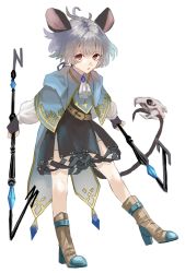 Rule 34 | 1girl, adapted costume, animal ears, blunt bangs, boots, capelet, cowlick, dowsing rod, dress, embellished costume, eyebrows hidden by hair, full body, gem, gloves, gold trim, grey hair, highres, holding, holding stick, jewelry, long sleeves, looking at viewer, mouse (animal), mouse ears, mouse tail, nanasuou, nazrin, pendant, red eyes, shirt, short hair, solo, standing, standing on one leg, stick, tail, touhou, white background