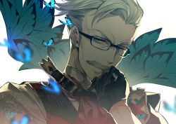 Rule 34 | 1boy, blue butterfly, blue eyes, bug, butterfly, edoya pochi, facial hair, fate/grand order, fate (series), glasses, gloves, grey hair, insect, james moriarty (archer) (fate), male focus, mustache, portrait, short hair, solo