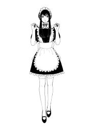Rule 34 | 1girl, alternate costume, apron, bad id, bad pixiv id, choker, closed mouth, commentary, datsuko (momojam koubou), dress, enmaided, expressionless, frilled dress, frills, full body, greyscale, highres, holding, holding ribbon, long hair, looking at viewer, maid, maid apron, maid headdress, mary janes, mature female, monochrome, neck ribbon, puffy short sleeves, puffy sleeves, ribbon, shoes, short sleeves, sidelocks, simple background, solo, spy x family, standing, thighhighs, white background, yor briar, zettai ryouiki