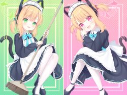 Rule 34 | 2girls, animal ear headphones, animal ears, apron, black dress, black footwear, blonde hair, blue archive, blush, cat tail, dress, fake animal ears, frilled apron, frilled dress, frills, green eyes, green halo, halo, headphones, highres, long sleeves, looking at viewer, maid, maid apron, maid headdress, midori (blue archive), midori (maid) (blue archive), momoi (blue archive), momoi (maid) (blue archive), multiple girls, official alternate costume, open mouth, pantyhose, pink halo, red eyes, shoes, short hair, siblings, sisters, smile, tail, twins, white apron, white pantyhose, yottacc