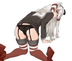 Rule 34 | 10s, 1girl, all fours, amatsukaze (kancolle), ass, black panties, black shirt, blouse, blush, brown eyes, butt crack, from behind, frown, glaring, hair tubes, hat, high heels, highres, kantai collection, kento1102, long hair, long sleeves, looking at viewer, looking back, mini hat, no pants, panties, red footwear, red thighhighs, sailor collar, shirt, shoes, silver hair, simple background, solo, thighhighs, twintails, underwear, white background