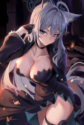 Rule 34 | adjusting hair, animal ear fluff, animal ears, black choker, black dress, black gloves, blue archive, breasts, broken halo, choker, cleavage, cross, cross hair ornament, dark background, dark halo, dress, extra ears, fire, gloves, grey hair, hair between eyes, hair ornament, halo, highres, inverted cross, large breasts, long hair, long sleeves, looking at viewer, mismatched pupils, shiroko (blue archive), shiroko terror (blue archive), solo, stone (ksorede), thigh strap, wolf ears