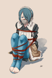 Rule 34 | 1girl, arms behind back, bdsm, blue eyes, blue hair, blue leggings, blue nails, bondage, bound, bound arms, bound legs, cleave gag, cloth gag, feet, fire emblem, gag, gagged, hair over one eye, hairband, highres, improvised gag, japanese clothes, leggings, looking at viewer, lost one zero, nail polish, nintendo, over the mouth gag, over the nose gag, pantyhose, restrained, rope, setsuna (fire emblem), short hair, simple background, solo, toeless legwear, toes