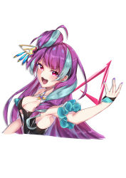 Rule 34 | 1girl, :d, absurdres, armpits, breasts, cleavage, cropped torso, highres, long hair, looking at viewer, macross, macross delta, medium breasts, mikumo guynemer, nail polish, niyun (n niyu), open mouth, purple hair, purple nails, red eyes, simple background, sleeveless, smile, solo, upper body, very long hair, white background