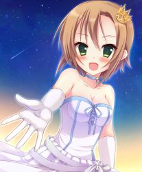 Rule 34 | 10s, 1girl, bad id, bad pixiv id, bare shoulders, blush, breasts, brown hair, cleavage, crown, dress, elbow gloves, gloves, green eyes, idolmaster, idolmaster cinderella girls, looking at viewer, mini crown, neck ribbon, open mouth, ribbon, rocomani, short hair, smile, solo, tada riina, white dress, white gloves