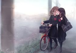 Rule 34 | 2girls, absurdres, bag, benevole, bicycle, black hair, black shirt, black skirt, blush, bow, bowtie, brown hair, closed eyes, grass, greyscale, hand on another&#039;s neck, highres, holding, holding bag, imminent kiss, loafers, long hair, long sleeves, monochrome, multiple girls, open mouth, original, outdoors, pleated skirt, ponytail, red bow, red bowtie, sailor collar, school bag, school uniform, serafuku, shirt, shoes, skirt, utility pole, walking, yuri