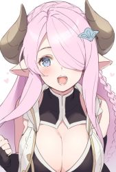 Rule 34 | blue eyes, breasts, cleavage, cleavage cutout, clothing cutout, draph, granblue fantasy, hair over one eye, horns, light purple hair, long hair, narmaya (granblue fantasy), open mouth, pointy ears, solo, tokki, upper body