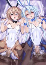Rule 34 | 2boys, 2girls, absurdres, animal ears, blanc (neptunia), breasts, censored, clothed female nude male, crotchless, cum, cum in pussy, dark-skinned male, dark skin, fake animal ears, fishnets, highres, holding hands, interlocked fingers, leotard, mosaic censoring, multiple boys, multiple girls, neptune (series), nude, nyamota, penis, playboy bunny, pussy, rabbit, sex, short hair, spread legs, tongue, tongue out, vaginal, white heart (neptunia)