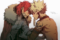 Rule 34 | 10s, 2boys, alternate costume, back, bakugou katsuki, bandages, blonde hair, boku no hero academia, cape, crying, crying with eyes open, earrings, fur trim, gradient background, highres, jewelry, kirishima eijirou, male focus, mouth hold, multiple boys, muscular, necklace, red cape, red eyes, red hair, sharp teeth, spiked hair, tears, teeth, topless male, upper body, xiao (creation0528)