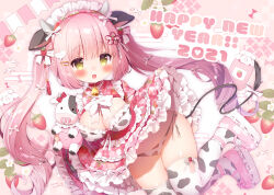 1girl 2021 animal_ears animal_print bell blush bow bowtie bra breasts chinese_zodiac cleavage clothes_lift collar commentary_request cow_ears cow_girl cow_horns cow_print cow_print_thighhighs cow_tail dress dress_lift english_text flower_knot food food-themed_hair_ornament frilled_anklet frilled_dress frills fruit hair_ornament hair_ribbon hairclip happy_new_year heart heart_hair_ornament highres holding holding_stuffed_toy horns jam kimono_dress large_breasts long_hair maid_headdress mary_janes momozu_komamochi neck_bell new_year open_mouth oppai_loli original panties pink_hair pink_shoes pink_theme platform_shoes print_bra print_panties print_thighhighs red_collar red_dress ribbon shoes side-tie_panties smile solo strawberry strawberry_hair_ornament stuffed_cow stuffed_toy tail thighhighs thighs twintails underwear very_long_hair white_bow white_bowtie white_ribbon year_of_the_ox yellow_eyes