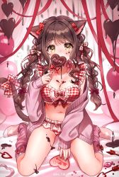 Rule 34 | 1girl, animal ears, balloon, bed, blush, braid, breasts, brown hair, candy, cat ears, cat girl, cat tail, chocolate, chocolate on body, chocolate on breasts, cleavage, coat, covering own mouth, dripping, food, food on body, food on breasts, full body, hair ribbon, heart, highres, indoors, iro 178, lollipop, looking at viewer, medium breasts, navel, original, ribbon, sitting, solo, stomach, tail, thighs, twintails, underwear, valentine, yellow eyes