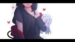 Rule 34 | 2girls, :o, bare shoulders, black jacket, black shirt, blush, clothes pull, collarbone, closed eyes, halo, head out of frame, heart, highres, jacket, letterboxed, long hair, long sleeves, multiple girls, open mouth, original, red jacket, shimmer, shirt, shirt pull, short sleeves, simple background, tail, white background, white hair