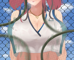 Rule 34 | 1girl, :o, afterimage, arms behind back, azur lane, bare arms, bare shoulders, black hair, blue sky, blush, breasts, bremerton (azur lane), bremerton (scorching-hot training) (azur lane), chain-link fence, cleavage, collarbone, covered erect nipples, crop top, crop top overhang, day, fence, head out of frame, jewelry, large breasts, motion blur, motion lines, multicolored hair, navel, nayutayutautau, necklace, nipple stimulation, nipple tweak, open mouth, outdoors, red hair, short hair, sky, sleeveless, solo, sweat, twintails, two-tone hair, upper body