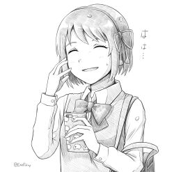 Rule 34 | 1girl, bag, bow, bowtie, cellphone, closed eyes, collared shirt, dress shirt, fairy.exe, falling petals, greyscale, hair ribbon, hand on own face, hedgehog, highres, holding, holding phone, kimi no na wa., long sleeves, miyamizu mitsuha, monochrome, open mouth, petals, phone, puffy sleeves, ribbon, school bag, shirt, short hair, shoulder bag, simple background, smartphone, smartphone case, smile, solo, sweater vest, translated, twitter username, upper body, white background