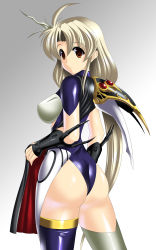 Rule 34 | 1girl, absurdres, ahoge, armor, ass, blonde hair, blush, breasts, brown eyes, cape, from behind, gauntlets, hairline, highres, langrisser, large breasts, leotard, long hair, looking at viewer, riana (langrisser), shiny clothes, shiny skin, sideboob, smile, solo, thighhighs, very long hair, yakkey