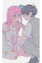 Rule 34 | 1boy, 1girl, alternate costume, aqua bow, aqua eyes, arms between legs, artist name, aubrey (faraway) (omori), aubrey (omori), bandaid, bandaid on arm, bandaid on face, bandaid on knee, bandaid on leg, bandaid on nose, bandaid on thigh, black eyes, black footwear, black hair, bow, brown shorts, brown sweater vest, closed mouth, collarbone, dress, grabbing another&#039;s hair, hair bow, highres, kneehighs, looking at another, omori, shirt, short sleeves, shorts, sitting, sleeveless, socks, squatting, sunny (omori), superdiviatomic, sweater vest, wariza, white background, white shirt, white socks