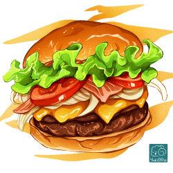 Rule 34 | artist logo, artist name, bacon, bread, burger, cheese, food, food focus, highres, lettuce, meat, no humans, original, tomato, tomato slice, yuki00yo
