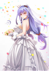 Rule 34 | 1girl, backlighting, bare arms, bare shoulders, blush, bouquet, breasts, bridal veil, bride, confetti, dress, earrings, female focus, flower, gloves, hair ornament, helena (warship girls r), jewelry, large breasts, long hair, looking at viewer, red eyes, silver hair, solo, strapless, strapless dress, twintails, veil, very long hair, warship girls r, wedding dress, white dress, white gloves, xiaoyin li