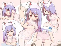 Rule 34 | 2girls, animal ears, arms behind back, ass, bandaid, bandaids on nipples, blush, bra, breasts, brown hair, commentary request, dress, grabbing another&#039;s ear, hand on own chest, hat, highres, inaba tewi, leg up, legs, long hair, lying, mask, mask on groin, medium breasts, mouth mask, multiple girls, multiple views, navel, nurse, nurse cap, on side, one eye closed, open mouth, panties, panty pull, pasties, pink background, pink dress, pink headwear, purple eyes, purple hair, rabbit ears, rabbit girl, rabbit tail, reisen udongein inaba, see-through, short dress, short hair, side-tie panties, simple background, spread legs, squatting, tail, thighs, touhou, turnip kabura, underwear