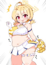 Rule 34 | 1girl, ?, ahoge, anger vein, arm behind back, armband, bare shoulders, blonde hair, blue archive, blush, braid, breasts, cheerleader, cleavage, collarbone, commentary request, commission, cowboy shot, crop top, dot nose, gloves, hair between eyes, halo, heart, highres, holding, holding pom poms, kotori (blue archive), kotori (cheer squad) (blue archive), large breasts, long hair, looking at viewer, midriff, millennium cheerleader outfit (blue archive), miniskirt, muffin top, navel, open mouth, pleated skirt, plump, pom pom (cheerleading), pom poms, red eyes, shiyo hodaka, short twintails, simple background, skeb commission, skirt, solo, sweat, thick thighs, thighlet, thighs, translation request, twintails, white background, white skirt, wing collar, yellow halo