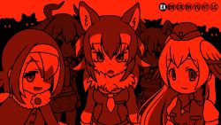 Rule 34 | 10s, 5girls, animal ears, aurochs (kemono friends), bad id, bad nicoseiga id, bow, bowtie, buttons, dodo (kemono friends), empty eyes, fur collar, hair between eyes, hair over one eye, hat, head wings, horns, japanese wolf (kemono friends), kemono friends, light smile, long hair, long sleeves, looking at viewer, midriff, monochrome, multicolored hair, multiple girls, navel, necktie, passenger pigeon (kemono friends), red theme, short sleeves, striped, thylacine (kemono friends), trait connection, upper body, vostok (vostok061), wings, wolf ears