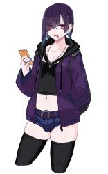 Rule 34 | 1boy, backpack, bag, belt, black bag, black thighhighs, blue nails, bulge, collarbone, commentary request, cropped legs, denim, denim shorts, ear piercing, earrings, eyes visible through hair, flat chest, gurigurisan, hair ornament, hair over one eye, hairclip, hand in pocket, holding, hood, hoodie, jacket, jewelry, long sleeves, looking at viewer, male focus, midriff, nail polish, navel, navel piercing, open clothes, open jacket, open mouth, original, piercing, purple belt, purple hair, purple jacket, red eyes, sharp teeth, short shorts, shorts, simple background, skindentation, solo, teeth, thighhighs, thighs, trap, white background, zipper pull tab