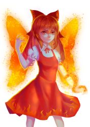 Rule 34 | 1girl, achi cirno, alternate color, alternate element, artist name, backlighting, bow, cirno, corrupted metadata, cowboy shot, dated, dress, embers, fiery wings, fire, frown, hair bow, lips, looking at viewer, meyde, nose, puffy short sleeves, puffy sleeves, red eyes, red hair, short sleeves, signature, solo, touhou, transparent background, wings